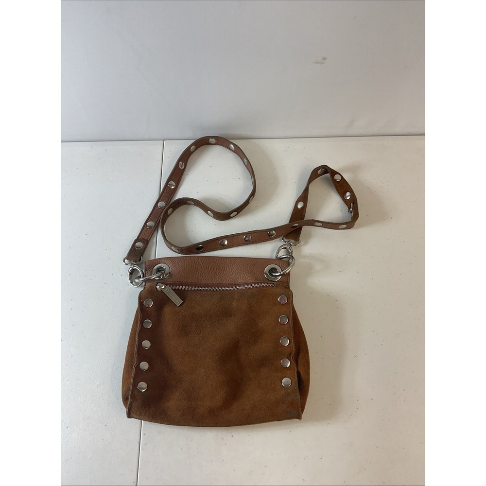 Hammitt Tony Small Brown Crossbody Bag Suede & Croc Pebbled Leather Silver Rivet